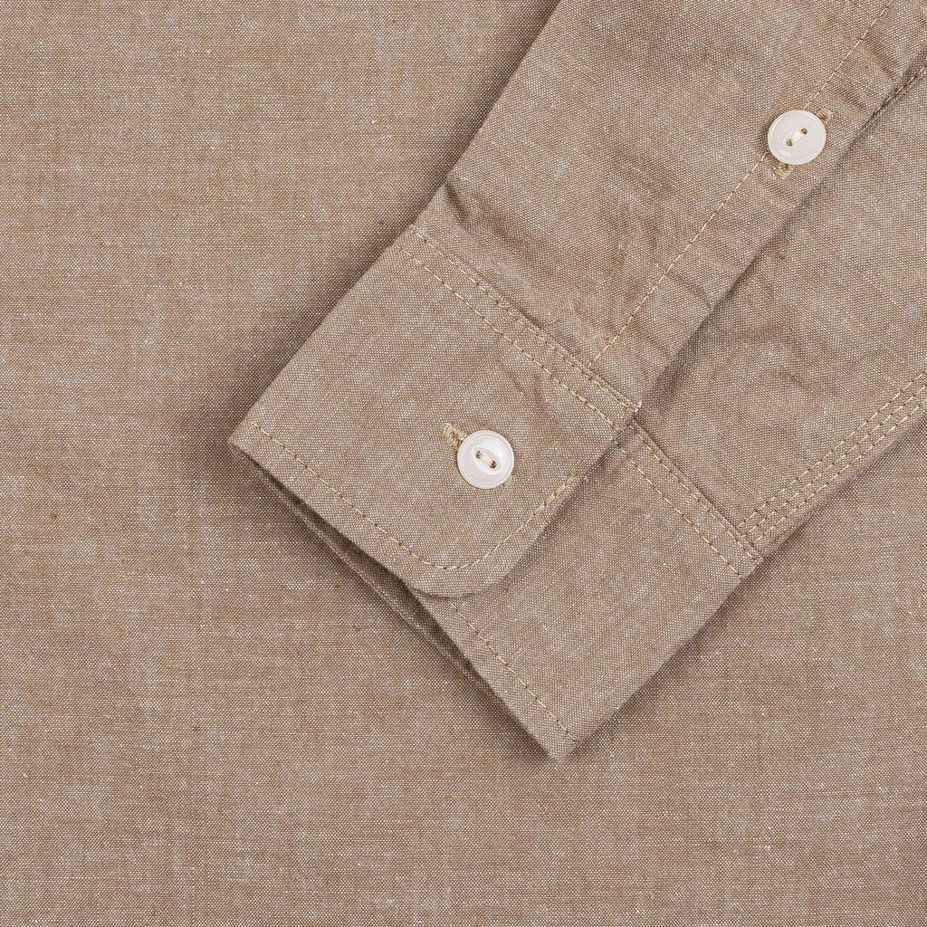 Image showing the IHSH-344-KHA - 10oz Selvedge Chambray Work Shirt Khaki which is a Shirts described by the following info Iron Heart, Released, Shirts, Tops and sold on the IRON HEART GERMANY online store