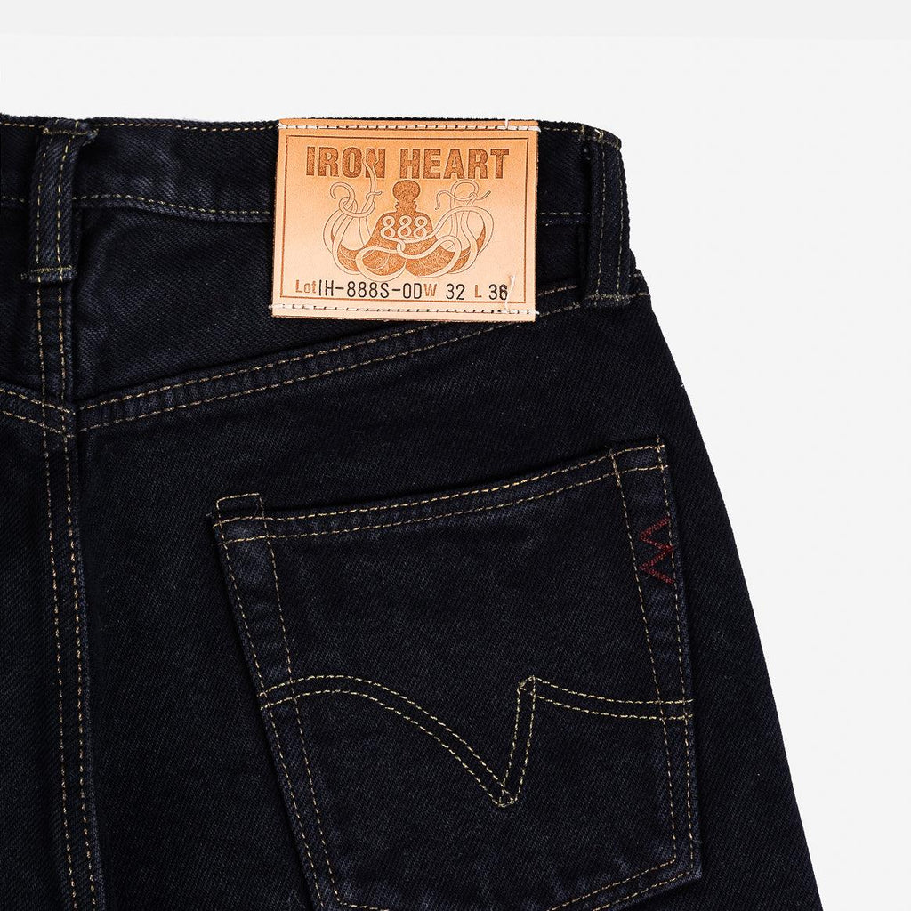 Image showing the IH-888S-OD - 21 oz Selvedge Denim Tapered Jeans Black Overdyed which is a Jeans described by the following info 888, Bottoms, Iron Heart, Jeans, New, Released, Tappered and sold on the IRON HEART GERMANY online store