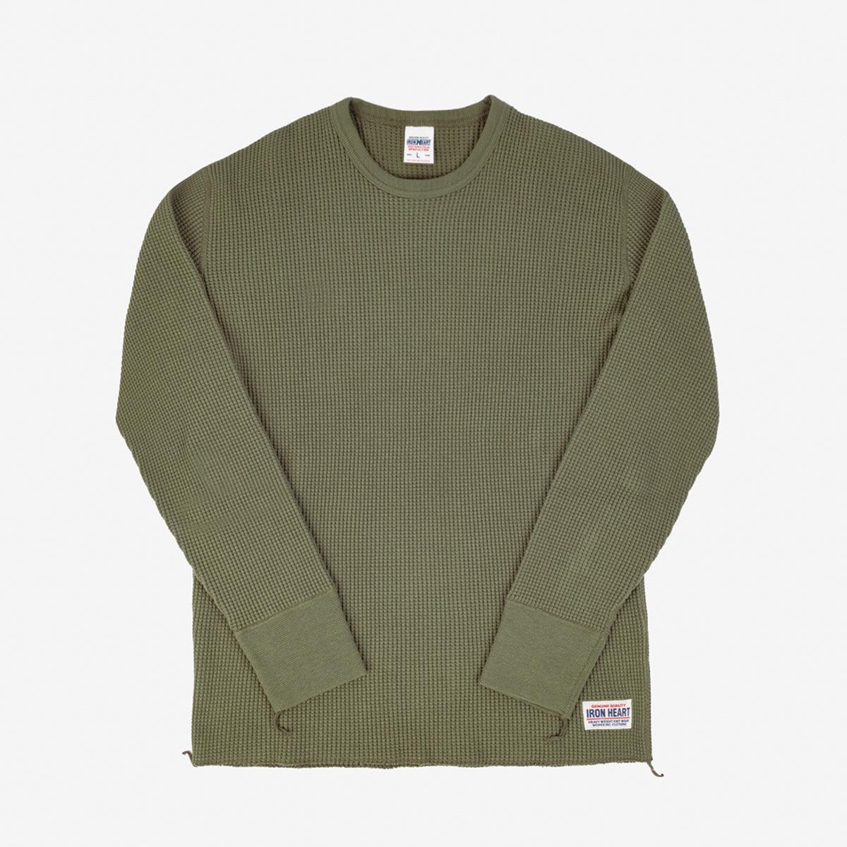 Image showing the IHTL-1301-OLV - Waffle Knit Long Sleeved Crew Neck Olive which is a T-Shirts described by the following info Back In, IHSALE_M23, Iron Heart, Released, T-Shirts, Tops and sold on the IRON HEART GERMANY online store
