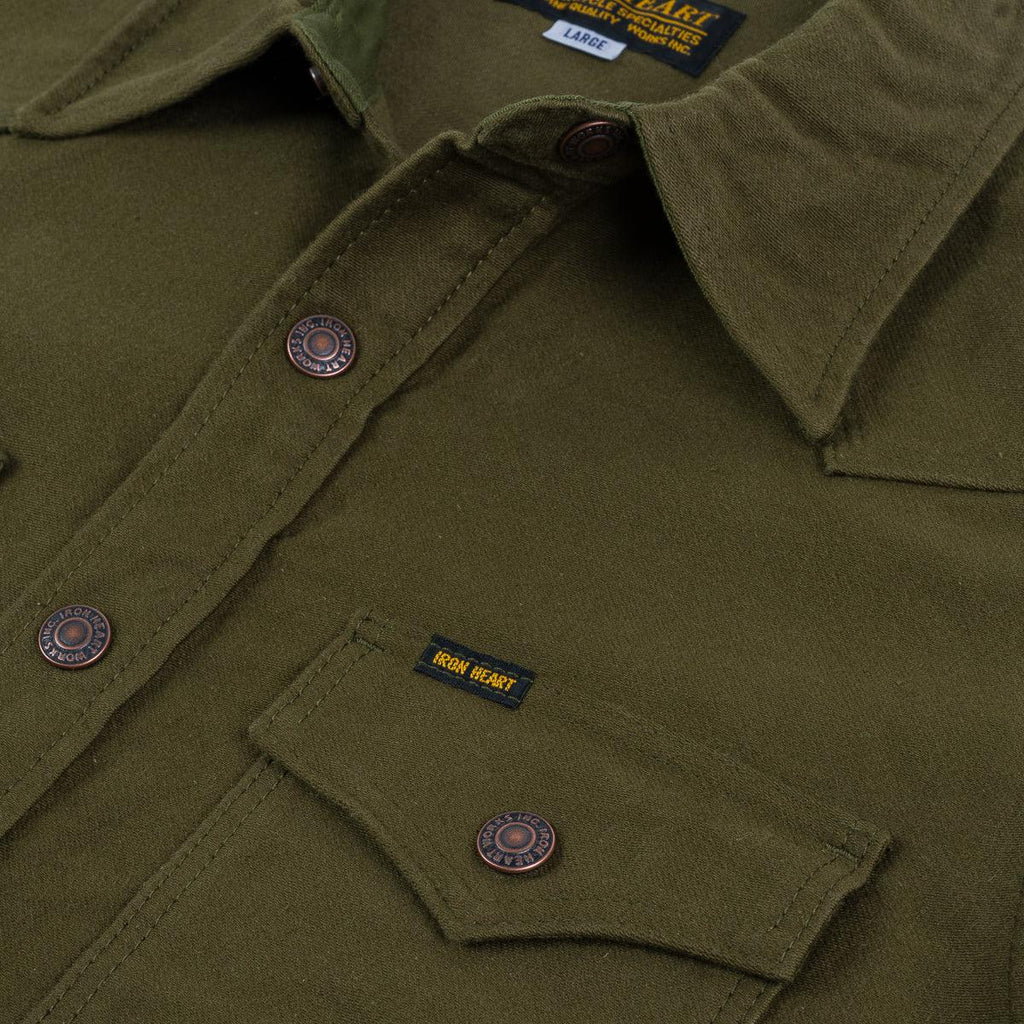 Image showing the IHSH-331-ODG - 12oz Moleskin CPO Shirt - Olive Drab Green which is a Shirts described by the following info Bargain, Released and sold on the IRON HEART GERMANY online store