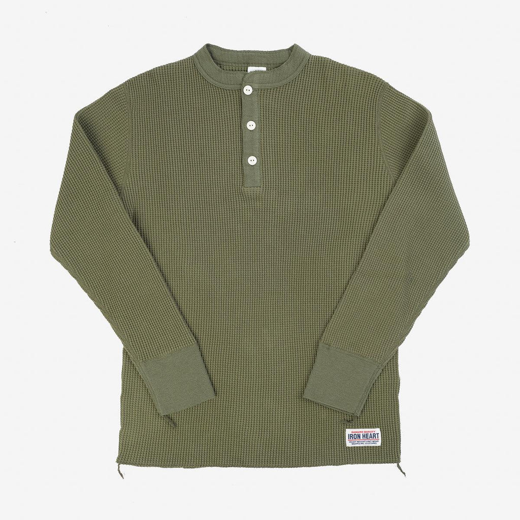 Image showing the IHTL-1213-OLV - Waffle Knit Long Sleeved Thermal Henley Olive which is a T-Shirts described by the following info Back In, Iron Heart, Released, T-Shirts, Tops and sold on the IRON HEART GERMANY online store