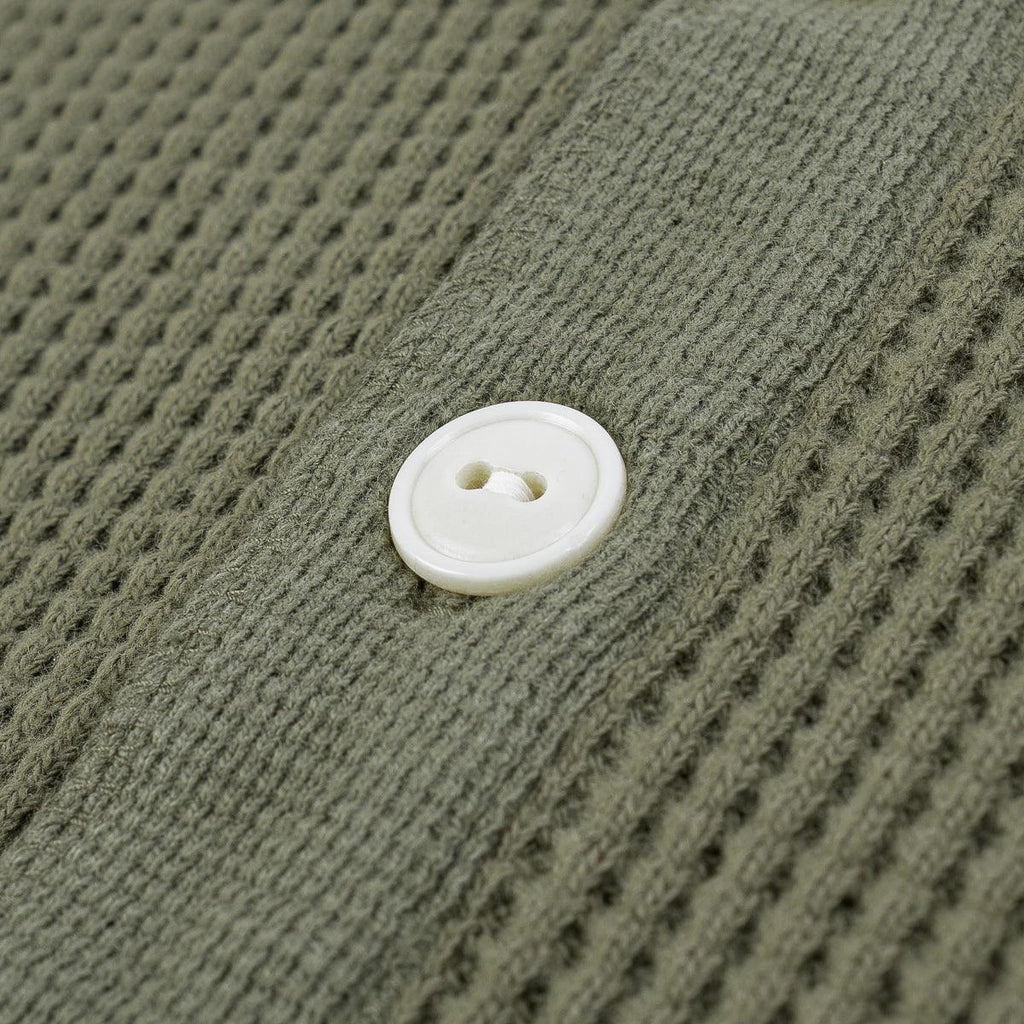 Image showing the IHTL-1213-OLV - Waffle Knit Long Sleeved Thermal Henley Olive which is a T-Shirts described by the following info Back In, Iron Heart, Released, T-Shirts, Tops and sold on the IRON HEART GERMANY online store