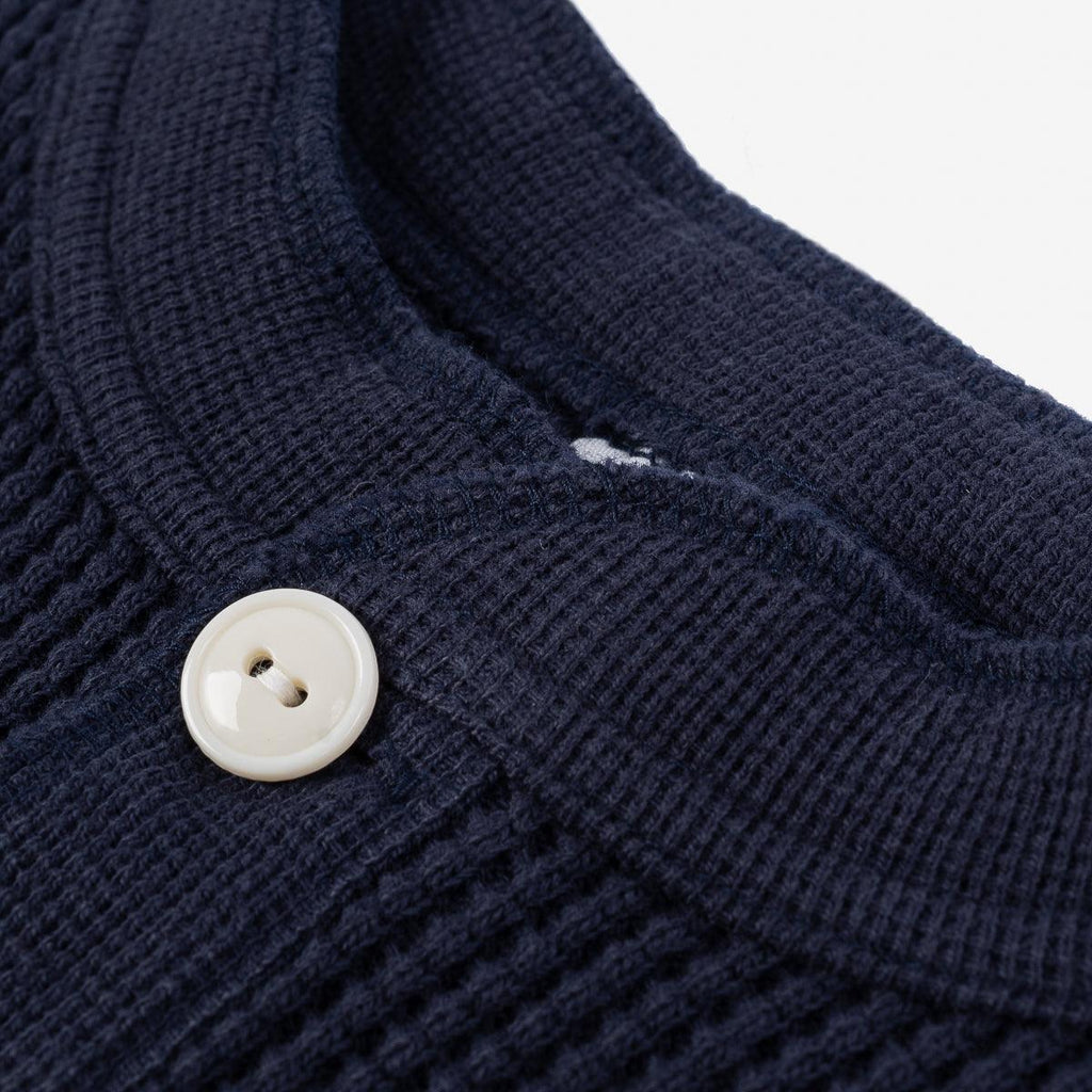 Image showing the IHTL-1213-NAV - Waffle Knit Long Sleeved Thermal Henley Navy which is a T-Shirts described by the following info Back In, Iron Heart, Released, T-Shirts, Tops and sold on the IRON HEART GERMANY online store
