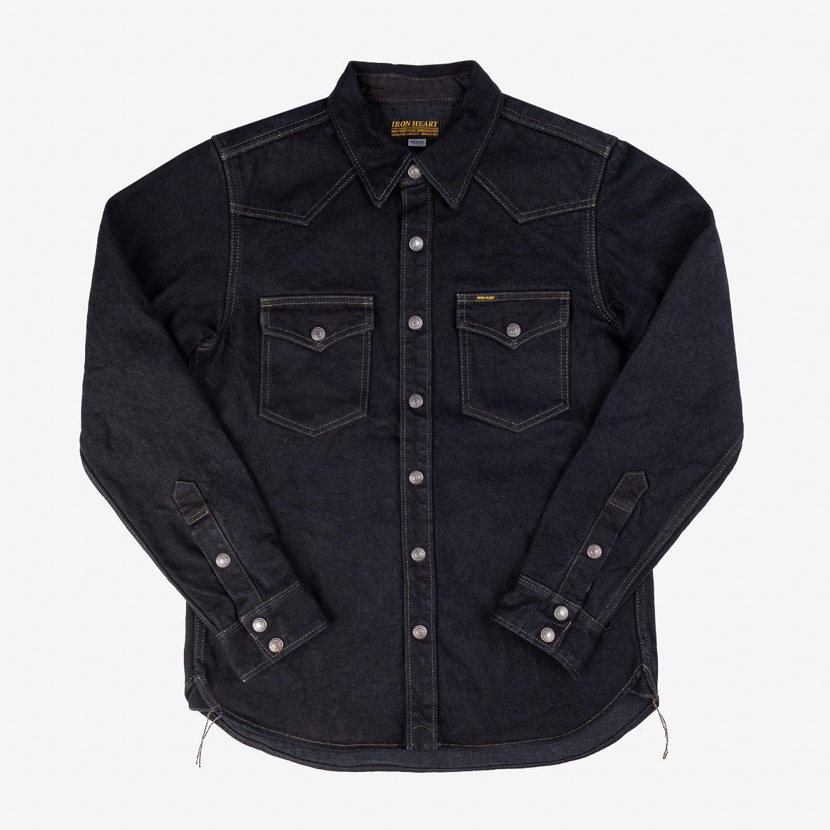 Image showing the IHSH-293-OD - 18oz Vintage Selvedge Denim CPO Shirt Indigo Overdyed Black which is a Shirts described by the following info Back In, Denim Jackets, Iron Heart, Released, Shirts, Tops and sold on the IRON HEART GERMANY online store