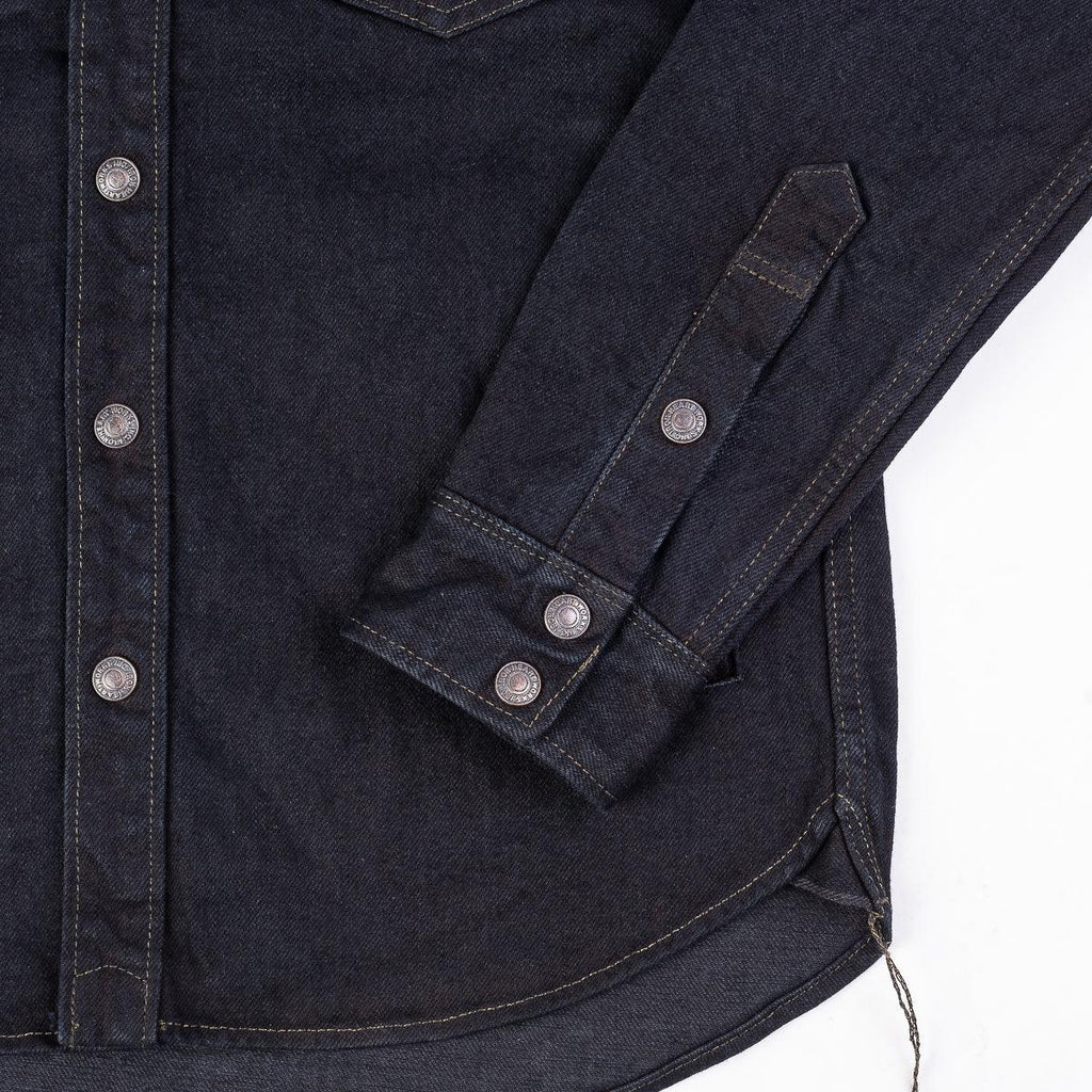 Image showing the IHSH-293-OD - 18oz Vintage Selvedge Denim CPO Shirt Indigo Overdyed Black which is a Shirts described by the following info Back In, Denim Jackets, Iron Heart, Released, Shirts, Tops and sold on the IRON HEART GERMANY online store