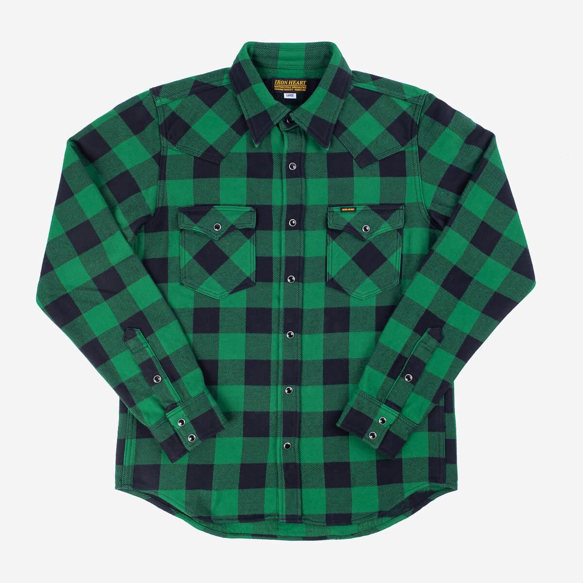 Image showing the IHSH-232-GRN - Ultra Heavy Flannel Buffalo Check Western Shirt Green/Black which is a Shirts described by the following info IHSALE, Iron Heart, Released, Shirts, Tops and sold on the IRON HEART GERMANY online store