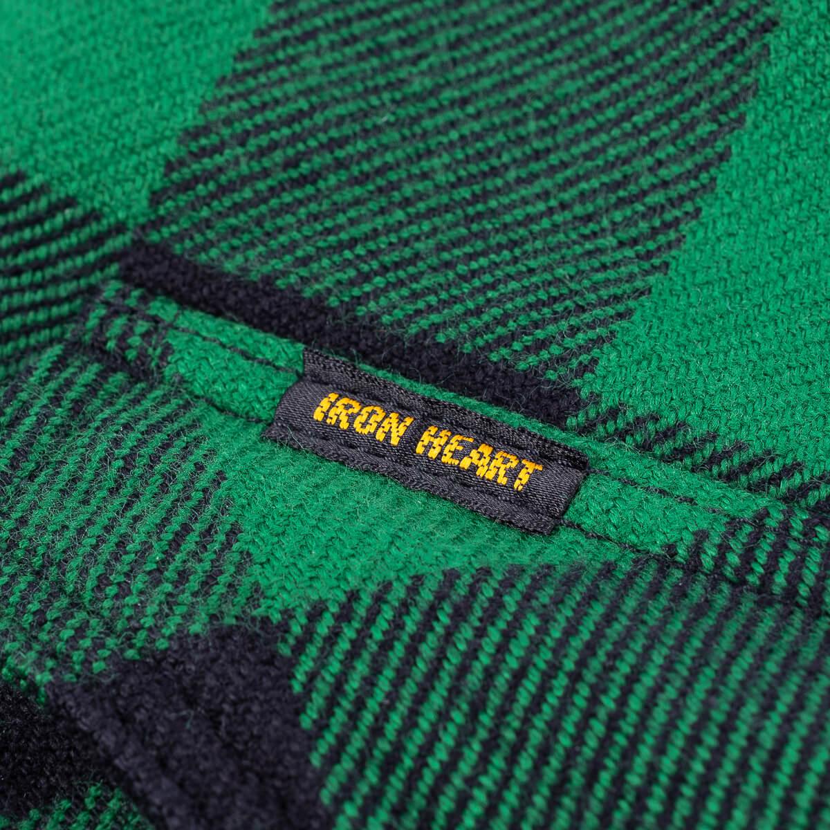 Image showing the IHSH-232-GRN - Ultra Heavy Flannel Buffalo Check Western Shirt Green/Black which is a Shirts described by the following info IHSALE, Iron Heart, Released, Shirts, Tops and sold on the IRON HEART GERMANY online store