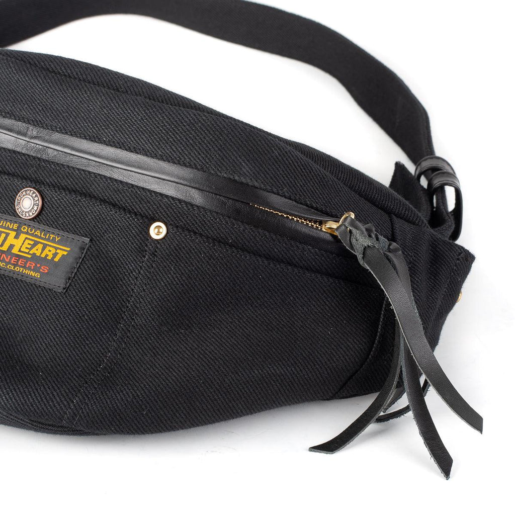 Image showing the IHE-37 - 21oz Denim Waist Bag - Superblack which is a Bags described by the following info Accessories, Back In, Bags, Iron Heart, Released and sold on the IRON HEART GERMANY online store