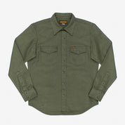 Image showing the IHSH-235-OLV - Military Serge Western Shirt Olive which is a Shirts described by the following info IHSALE_M23, Iron Heart, Released, Shirts, Tops and sold on the IRON HEART GERMANY online store