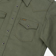 Image showing the IHSH-235-OLV - Military Serge Western Shirt Olive which is a Shirts described by the following info IHSALE_M23, Iron Heart, Released, Shirts, Tops and sold on the IRON HEART GERMANY online store