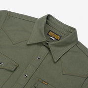 Image showing the IHSH-235-OLV - Military Serge Western Shirt Olive which is a Shirts described by the following info IHSALE_M23, Iron Heart, Released, Shirts, Tops and sold on the IRON HEART GERMANY online store