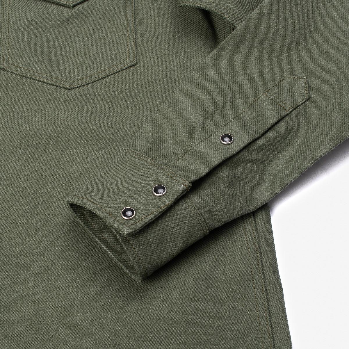 Image showing the IHSH-235-OLV - Military Serge Western Shirt Olive which is a Shirts described by the following info IHSALE_M23, Iron Heart, Released, Shirts, Tops and sold on the IRON HEART GERMANY online store