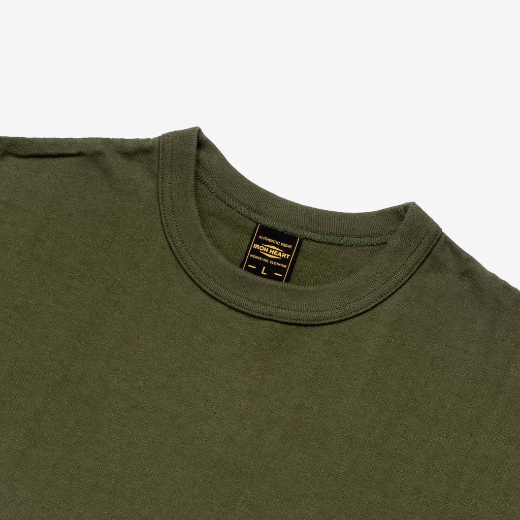 Image showing the IHT-1610L-OLV - 6.5oz Loopwheel Crew Neck T-Shirt Olive which is a T-Shirts described by the following info Iron Heart, Released, T-Shirts, Tops and sold on the IRON HEART GERMANY online store