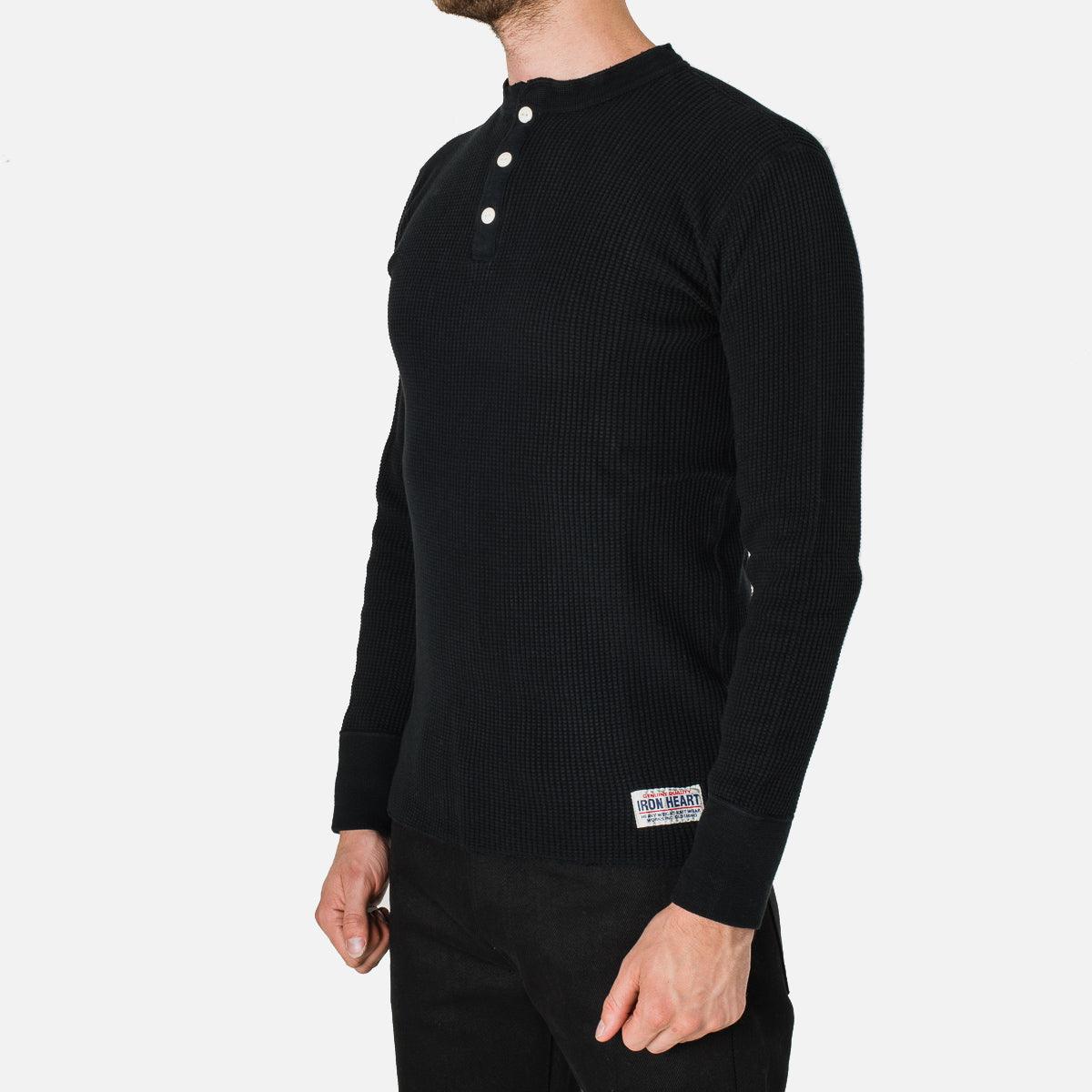 Image showing the IHTL-1213-BLK - Waffle Knit Long Sleeved Thermal Henley Black which is a T-Shirts described by the following info Back In, Iron Heart, Released, T-Shirts, Tops and sold on the IRON HEART GERMANY online store