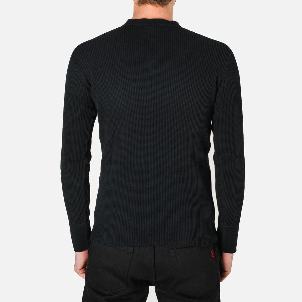 Image showing the IHTL-1213-BLK - Waffle Knit Long Sleeved Thermal Henley Black which is a T-Shirts described by the following info Back In, Iron Heart, Released, T-Shirts, Tops and sold on the IRON HEART GERMANY online store