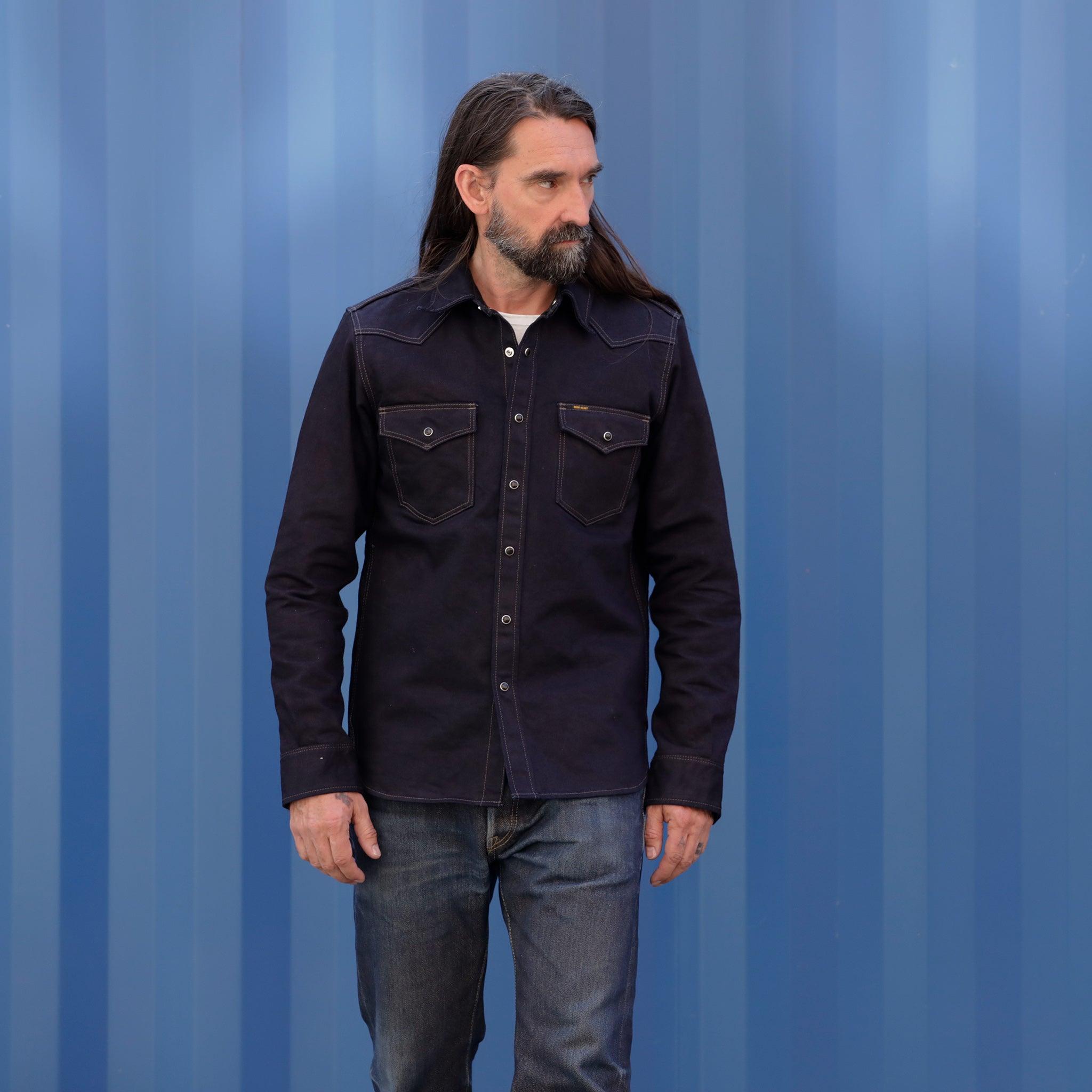Image showing the IHSH-295-IB - 14oz Selvedge Denim Western Shirt Indigo/Black which is a Shirts described by the following info IHSALE, Iron Heart, Released, Shirts, Tops and sold on the IRON HEART GERMANY online store