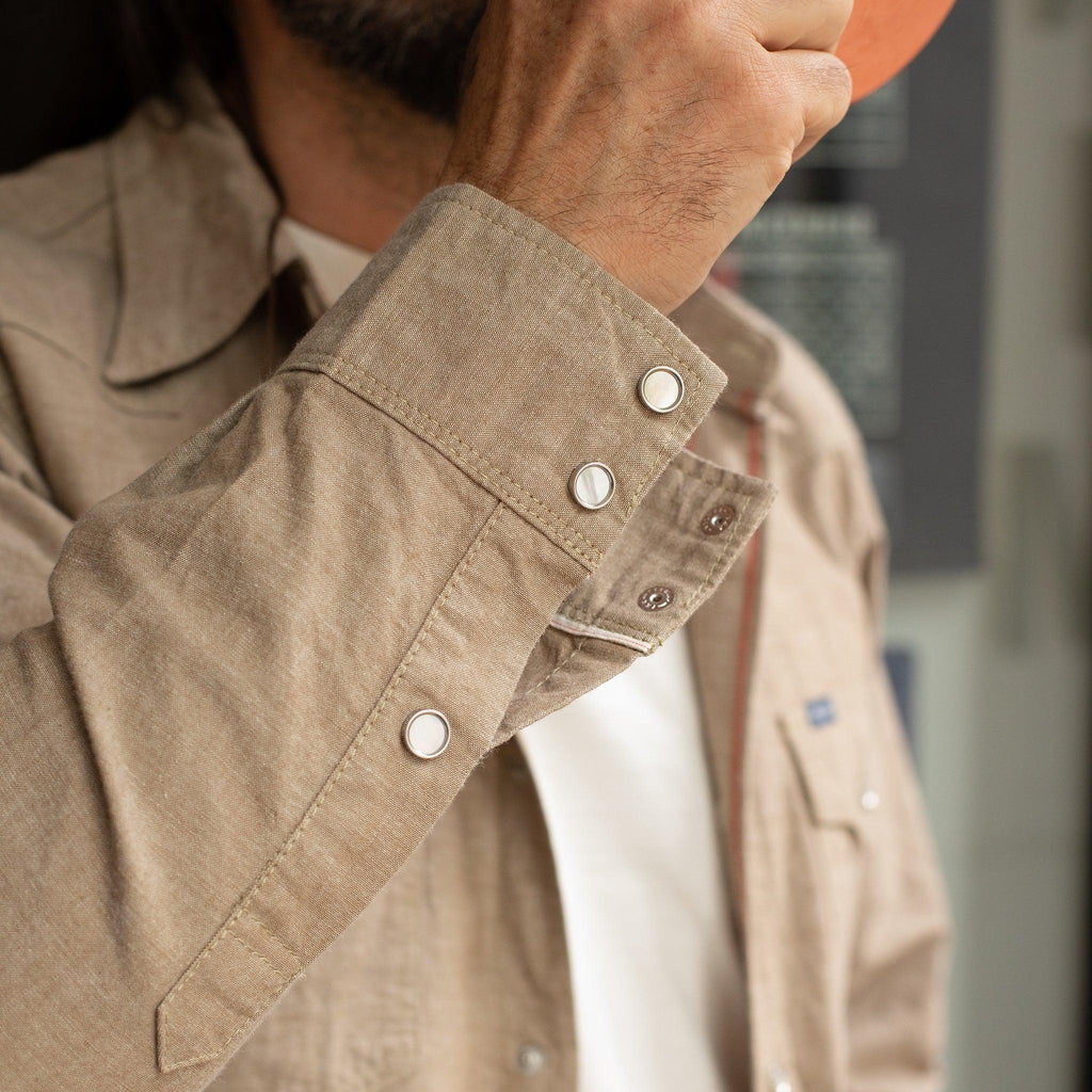 Image showing the IHSH-315-KHA - Selvedge Chambray Western Shirt Khaki which is a Shirts described by the following info IHSALE_M23, Iron Heart, Released, Shirts, Tops and sold on the IRON HEART GERMANY online store