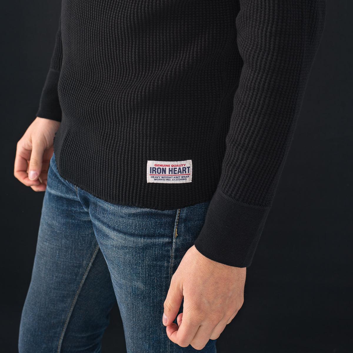 IHTL-1213-BLK - Waffle Knit Long Sleeved Thermal Henley - Black