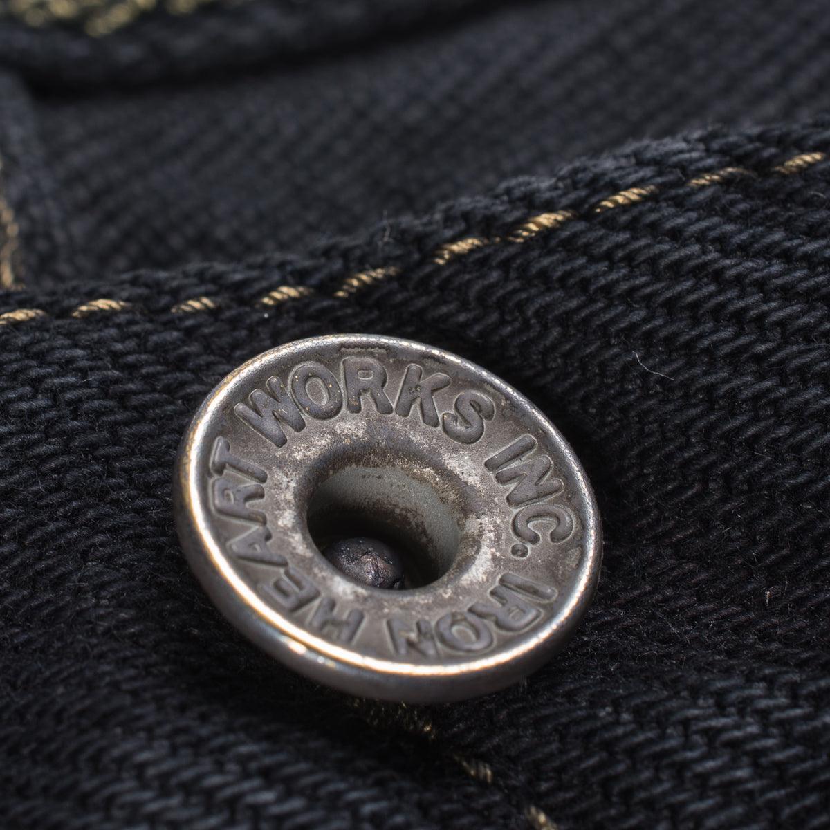 Image showing the IH-888S-OD - 21 oz Selvedge Denim Tapered Jeans Black Overdyed which is a Jeans described by the following info 888, Bottoms, Iron Heart, Jeans, New, Released, Tappered and sold on the IRON HEART GERMANY online store