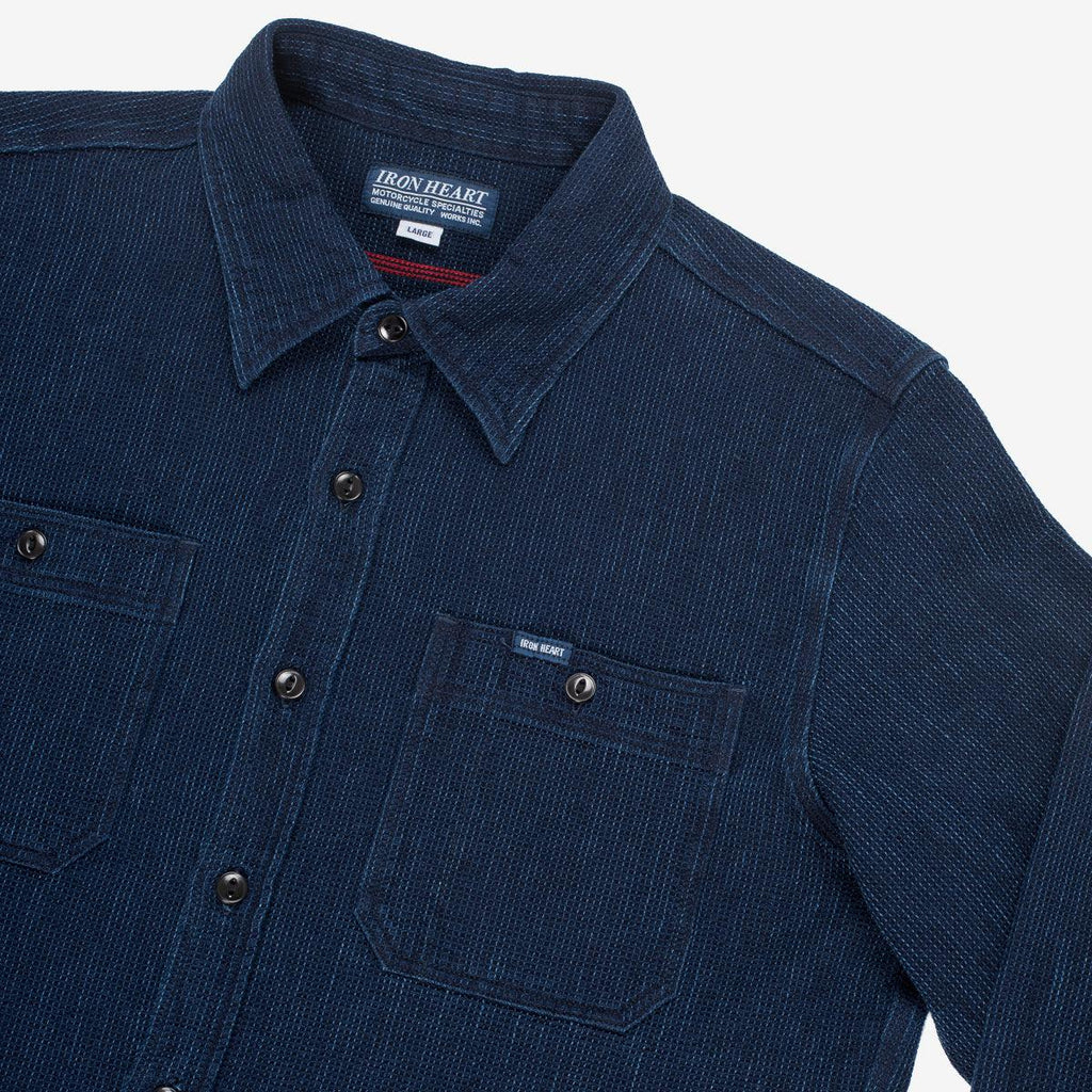 Image showing the IHSH-96-IND - Waffle Work Shirt Indigo which is a Shirts described by the following info Iron Heart, Released, Shirts, Tops and sold on the IRON HEART GERMANY online store