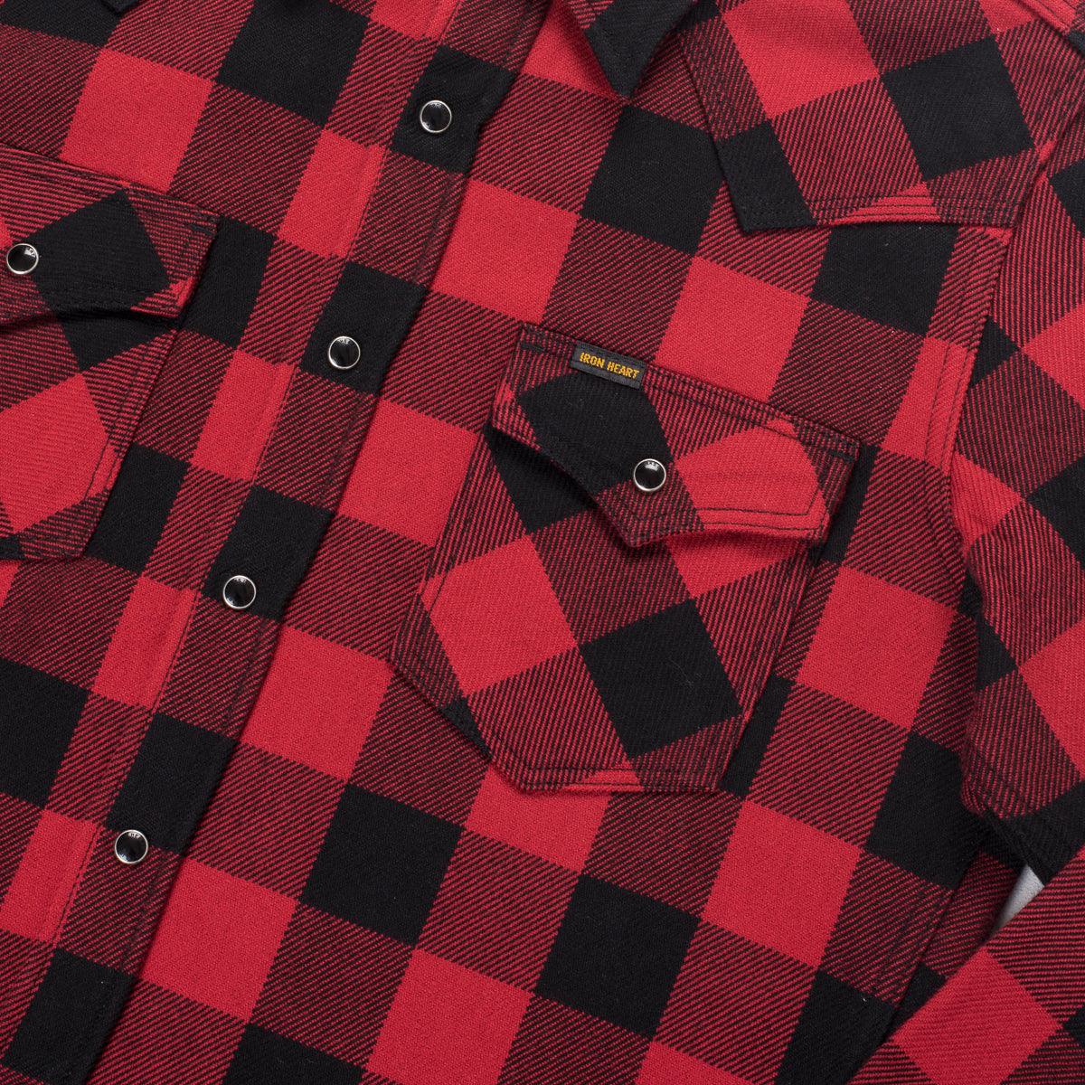 Image showing the IHSH-232-RED - Flannel Buffalo Check Western Shirt Red/Black which is a Shirts described by the following info Back In, IHSALE_M23, Iron Heart, Released, Shirts, Tops and sold on the IRON HEART GERMANY online store