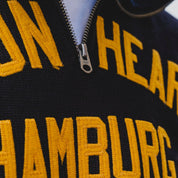 Image showing the DE-IHH-Custom-BLK - 1/4 Zip Moto-Jersey Hamburg - Black/ D.Navy which is a Knitwear described by the following info Dehen 1920, IHSALE_M23, Knitwear, Released, Tops and sold on the IRON HEART GERMANY online store