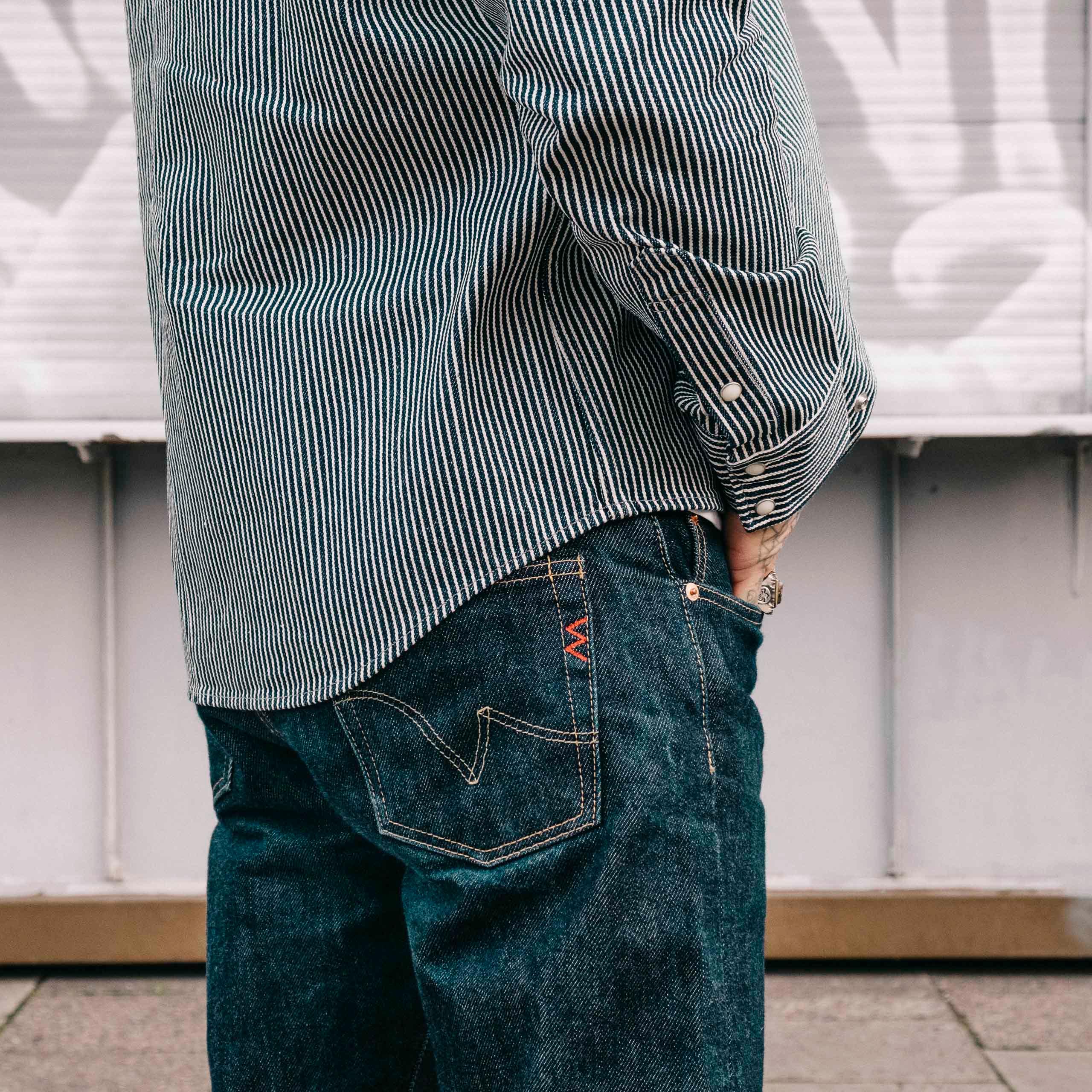 Image showing the IHSH-07-IND - 12oz Hickory Stripe Western Shirt Indigo which is a Shirts described by the following info IHSALE_M23, Iron Heart, Released, Shirts, Tops and sold on the IRON HEART GERMANY online store